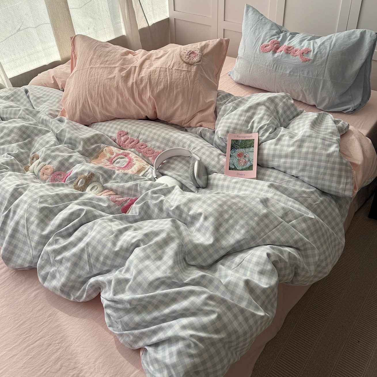 简约ins可爱毛巾绣蓝格子四件套