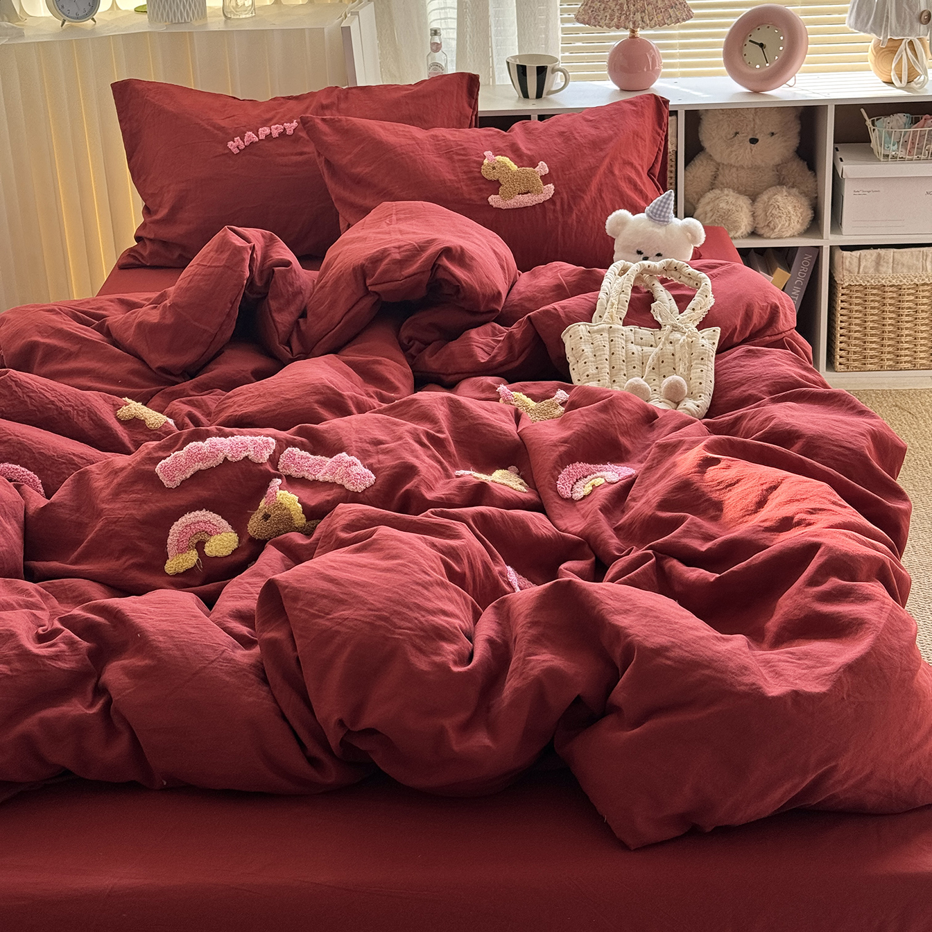 ins安可拉红可爱卡通毛巾绣水洗棉四件套全棉床单学生被套三件套