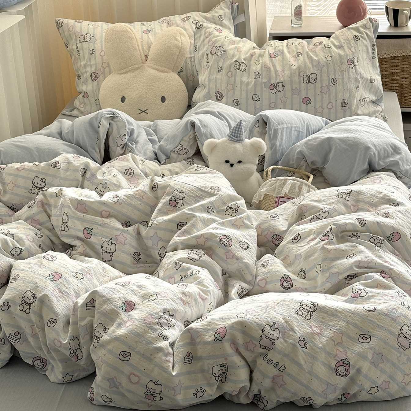 ins风浅蓝可爱猫咪水洗棉双层纱四件套A类全棉被套床单学生三件套