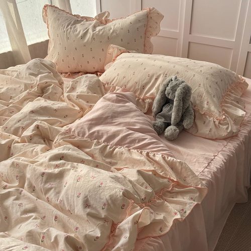 韩系少女粉色小碎花水洗棉四件套