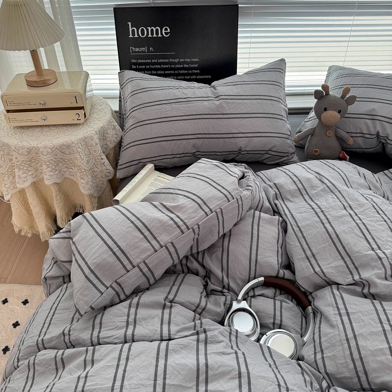 ins北欧风简约灰色条纹床上四件套软糯水洗棉被套床单学生三件套
