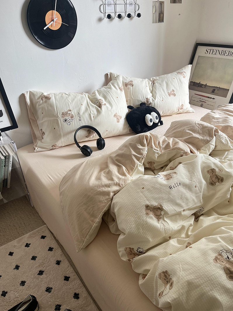 少女心卡通奶油熊提花泡泡棉软糯水洗棉四件套全棉学生被套三件套