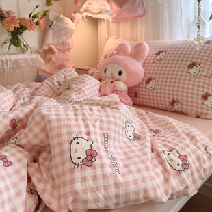 粉格少女ins可爱蝴蝶结kt猫水洗棉四件套全棉被套学生宿舍三件套