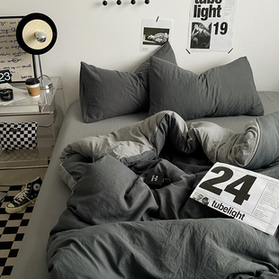 日式极简全棉床品四件套柔软亲肤双拼被套床单学生宿舍三件套床笠