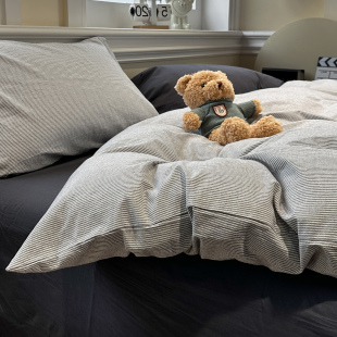 简约风日式混搭灰色条纹水洗棉床上四件套学生被套床单公寓三件套