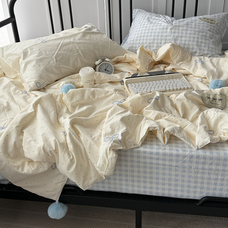奶油少女ins波点蝴蝶结水洗棉夏凉被四件套可爱毛球球空调被夏被