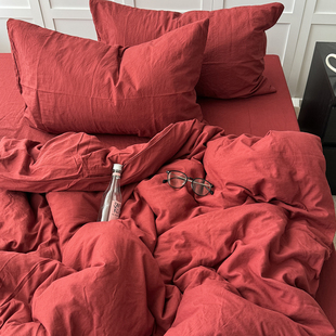 简约ins博主风安可拉红软糯水洗棉四件套纯色被套床单公寓三件套