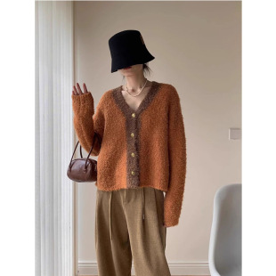 女百搭宽松毛衣上衣时尚 针织开衫 简约撞色 V领长袖 2025早秋款