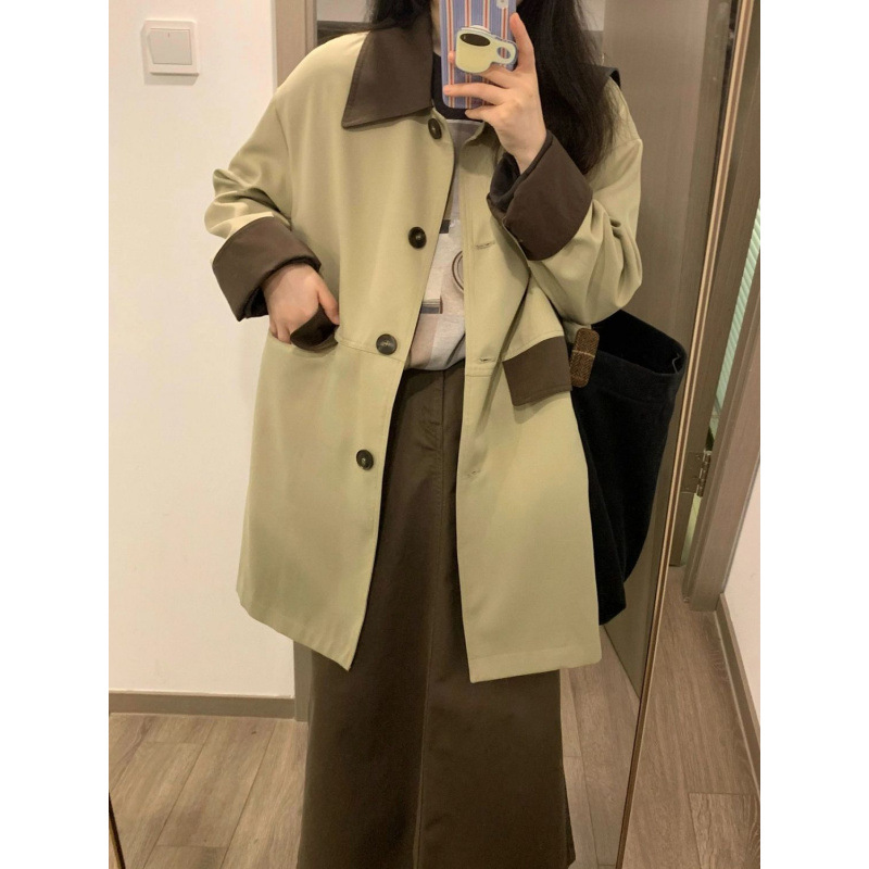 美式复古拼色风衣外套女