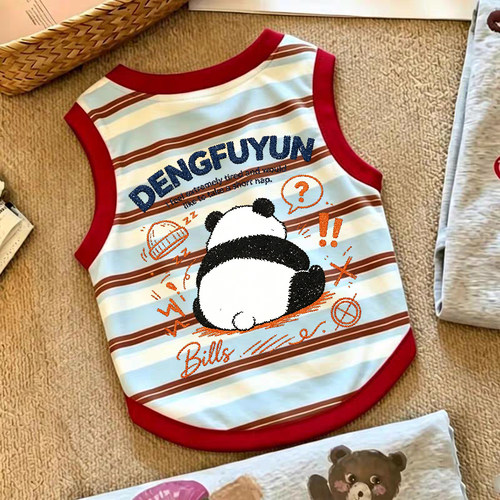复古条纹卡通熊猫夏薄款宠物猫咪狗狗衣服印花无袖背心中小型犬