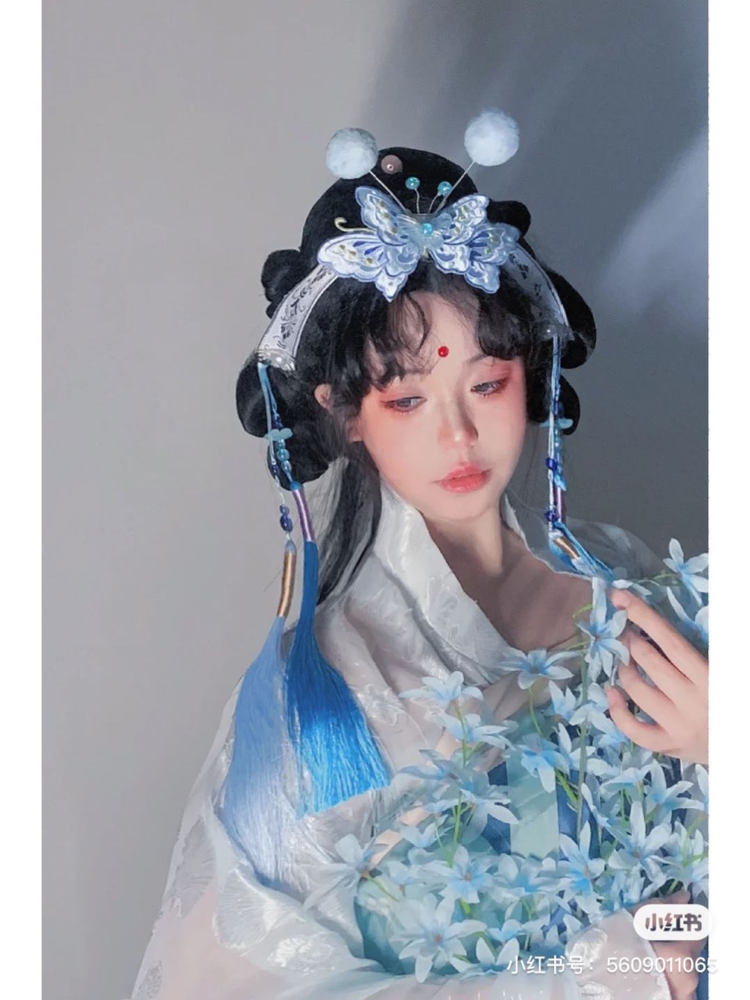 国风戏曲风蝴蝶发饰头夹子diy天蓝色拍照梦幻蓝蝴蝶头饰超仙发卡