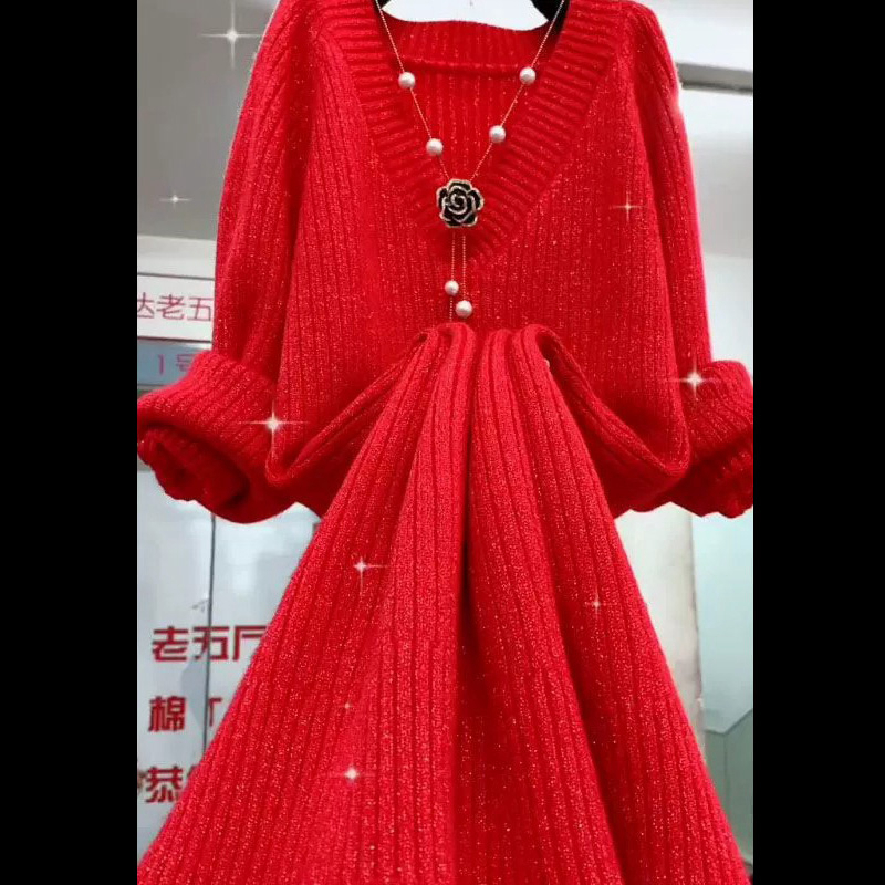 秋冬洋气新款女装针织裙慵懒风宽松大码打底外穿红色毛衣连衣裙女