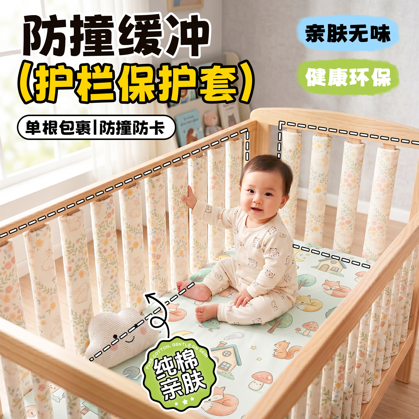 婴儿床围栏软包防撞护栏保护套围挡床栅栏柱子防撞条纯棉宝宝床品图片