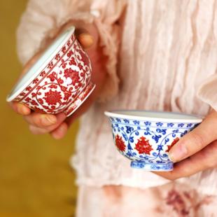 勤义堂 缠枝莲大压手杯90cc 经典款 青花釉里红 绝美发色