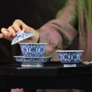 望月怀古 双勾莲三才盖碗120cc 压手杯50cc 明成化青花 仿古窑口