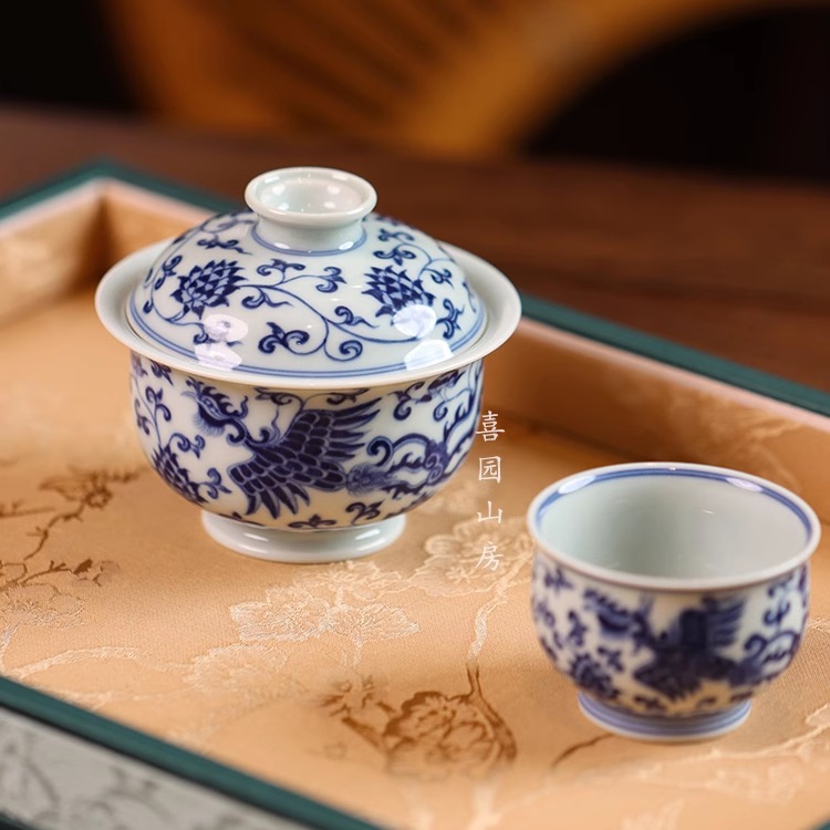 禄意窑凤凰盖碗送礼茶具