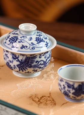禄意窑爆款凤凰元宝盖碗120cc 炉式杯60cc 仿古青花茶具高性价比