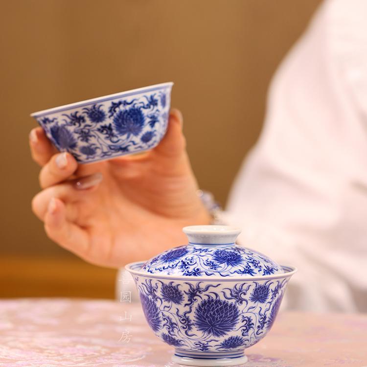 刘建锋窑团菊盖碗景德镇茶器