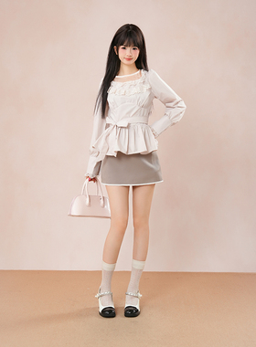 日系甜美设计感蝴蝶绑带收腰显瘦绝美粉色上衣+显瘦半身裙套装女