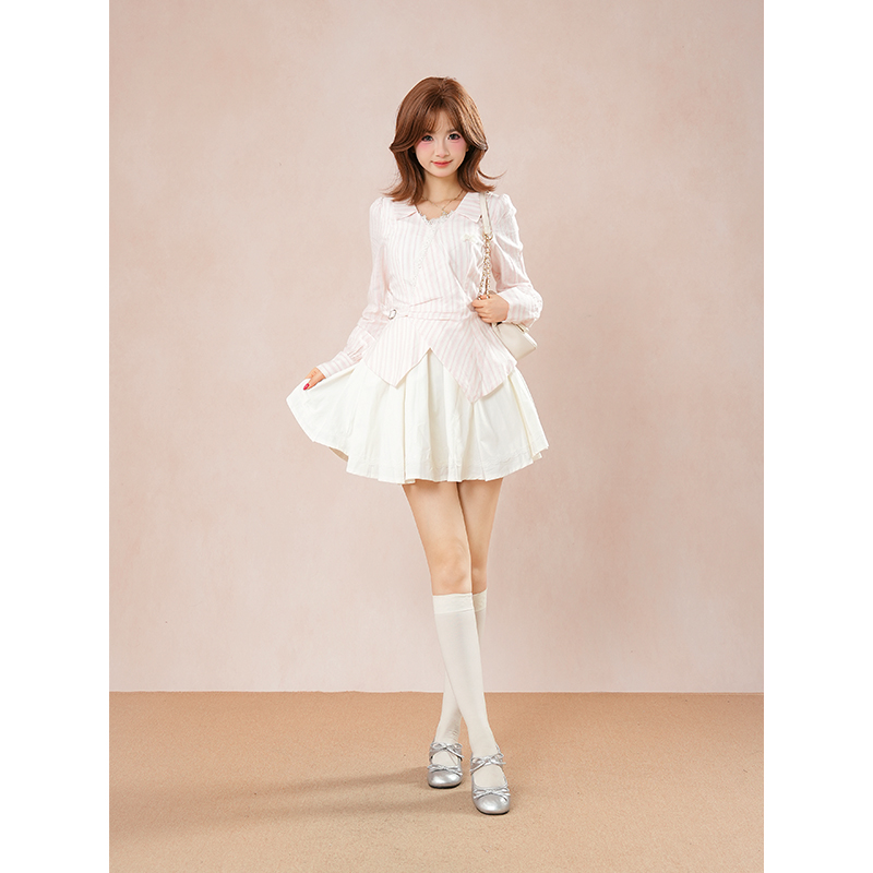 轻颜半夏 法式甜美清新少女风长袖粉色条纹半身裙假两件女秋季