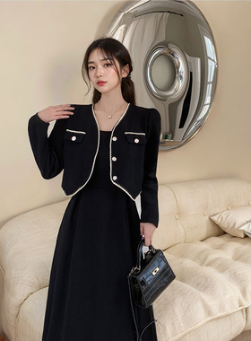宽松秋装法式小香风外套吊带连衣裙梨形身材显瘦遮肉两件套装女