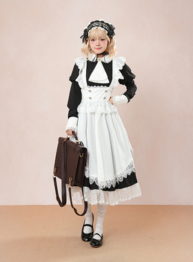 【十六夜】复古甜美lolita黑色修身古典女仆感连衣裙+围裙两件套