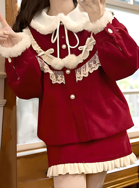 冬季新款红丝绒蛋糕新年战袍毛呢套装女短款上衣半身裙两件套