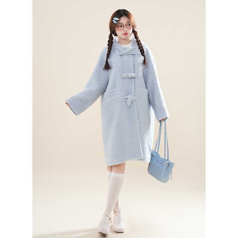 复古圈圈羊羔毛呢外套女2024年冬季新款冰岛蓝杂色牛角扣连帽大衣