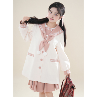 秋冬JK制服毛呢粉白绀白套装海军领上衣蝴蝶结小众设计百褶裙套装