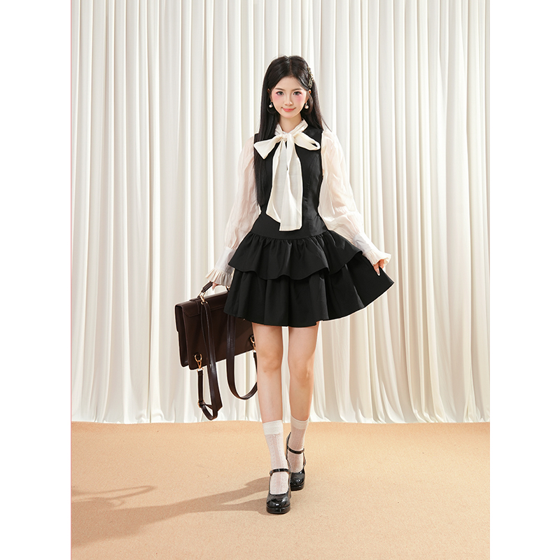 【中古黑巧】早秋蝴蝶结长袖衬衫/设计感显瘦连衣裙两件套减龄ins