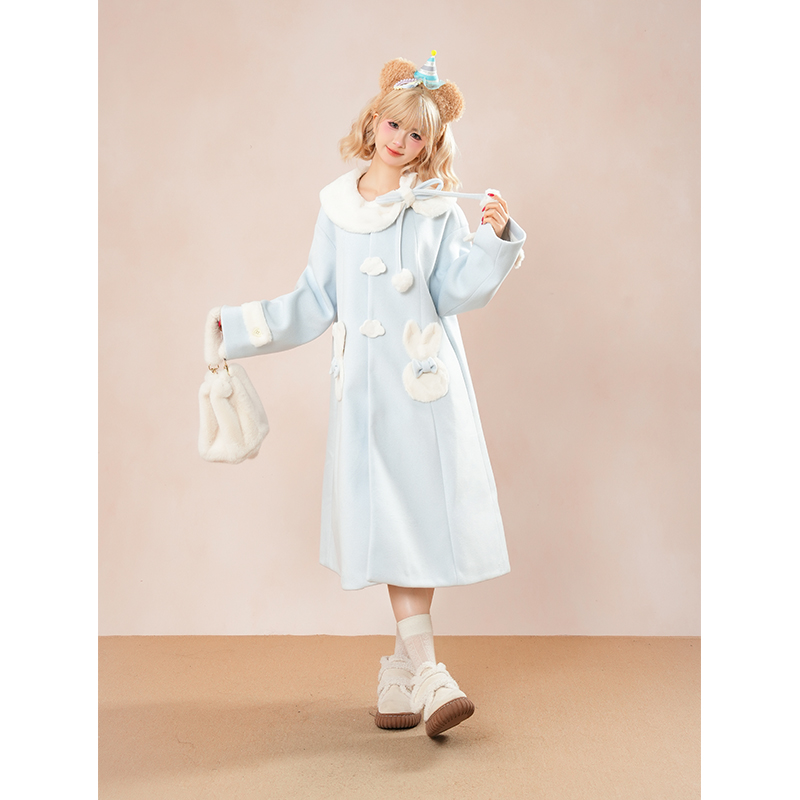 牛奶海盐 蓝色小兔子毛呢外套冬日甜美穿搭拼接撞色翻领呢子大衣