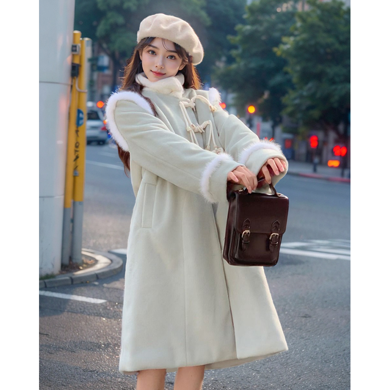 甜美可爱星星扣拼接毛呢外套女冬季新款复古绿色小个子呢子大衣潮