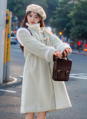 甜美可爱星星扣拼接毛呢外套女冬季新款复古绿色小个子呢子大衣潮