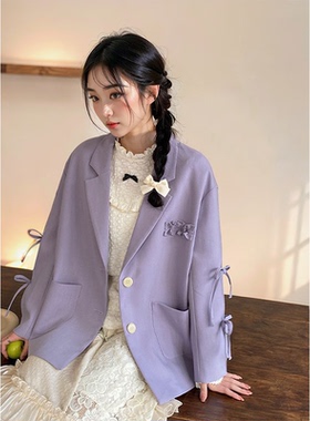 春秋新款高级感炸街复古小众设计感休闲可爱学生紫色西装外套女