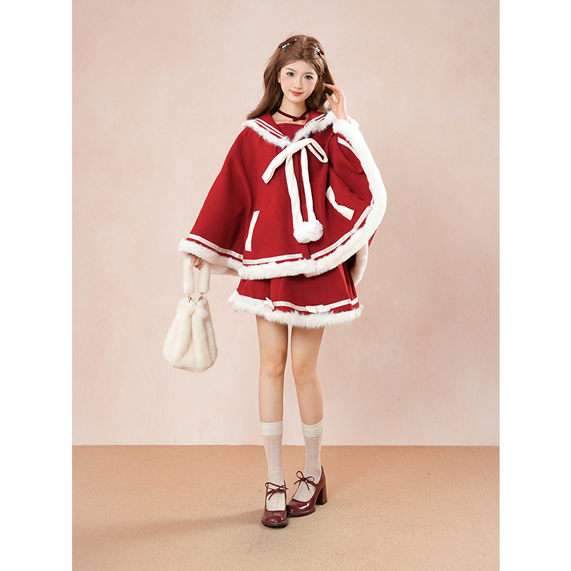 绒绒雪 秋冬可爱甜美毛边连帽斗篷少女纯欲蓬蓬短裙洋装圣诞套装