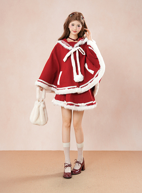 绒绒雪 秋冬可爱甜美毛边连帽斗篷少女纯欲蓬蓬短裙洋装圣诞套装