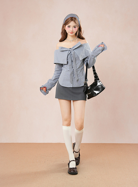 韩系温柔甜妹风套装一字肩长袖衬衫女秋季新款小众A字短裙两件套