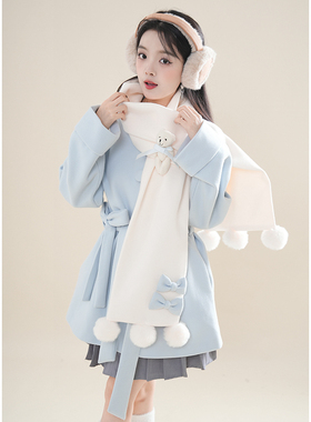 初雪小熊秋冬氛围感日系软妹小熊围巾+中长款毛呢外套两件套2025