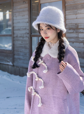 毛毛娃娃领毛呢外套女秋冬季新款紫色甜美牛角扣斜门襟夹棉大衣女