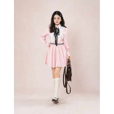 日系甜美 气质cosplay短裙女早秋新款小众设计蕾丝拼接长袖连衣裙