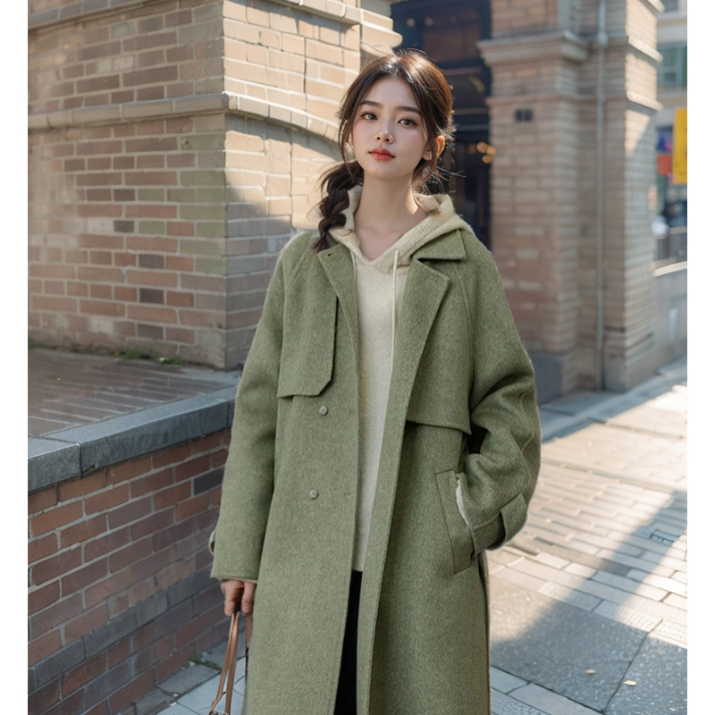 2025年新款复古宽松廓形系带绿色呢大衣女秋冬爆款高级感毛呢外套