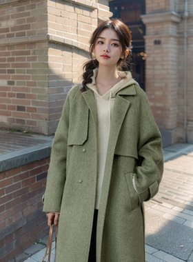 2025年新款复古宽松廓形系带绿色呢大衣女秋冬爆款高级感毛呢外套
