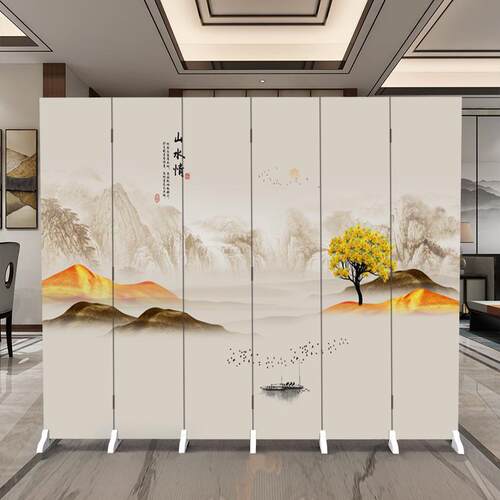新中式山水屏风隔断客厅玄关遮挡办公室装饰移动山水布艺挡风家用