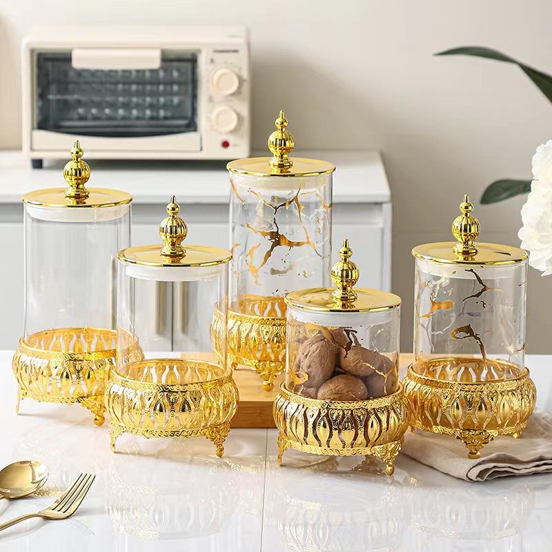 轻奢风金色水晶玻璃带盖装饰储物罐 美式欧式茶几糖果罐装饰摆件