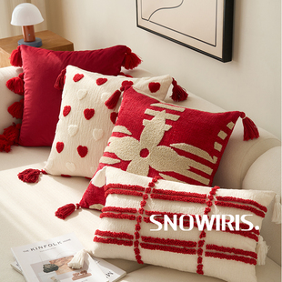 红色喜庆新年抱枕套几何简约簇绒腰靠枕客厅沙发软装纯色吊穗靠垫