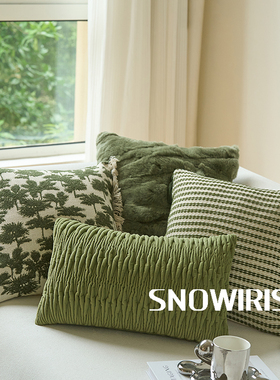 中古绿抱枕套客厅沙发轻奢复古软装靠背民宿高级感獭兔毛百搭靠垫