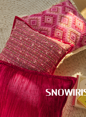 高级感法式玫红抱枕套丝绒重工刺绣轻奢别墅样板间客厅沙发腰靠垫