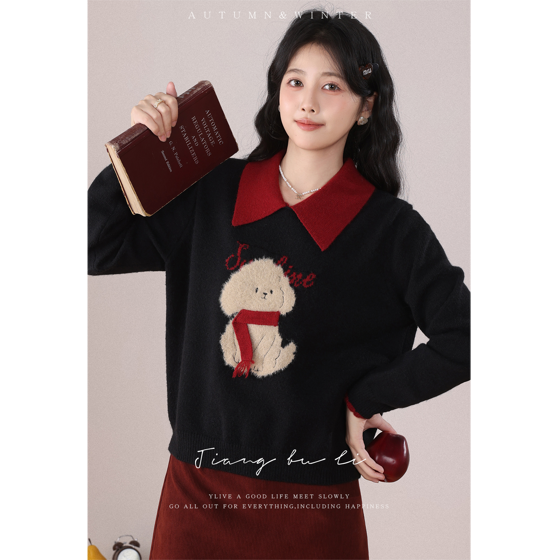 江不离【梦中童话】慵懒感红色毛衣女2024秋冬新年穿搭宽松针织衫