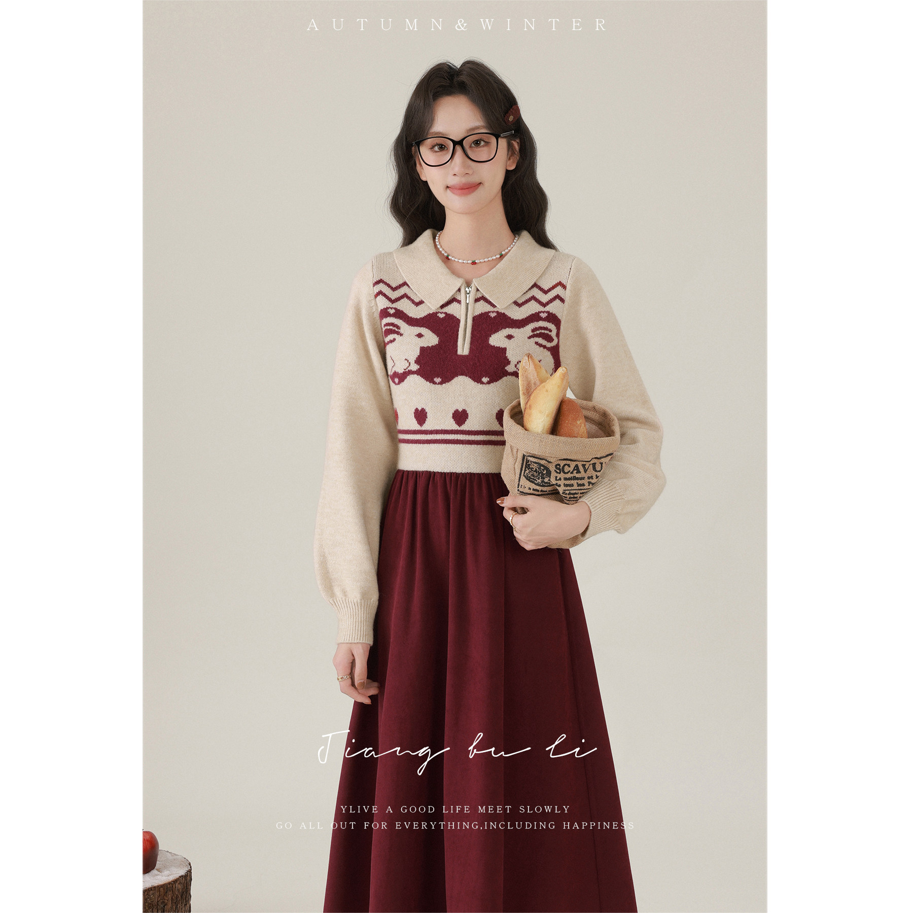 江不离【梦屿花园】假两件翻领连衣裙女冬红色圣诞新年穿搭针织裙