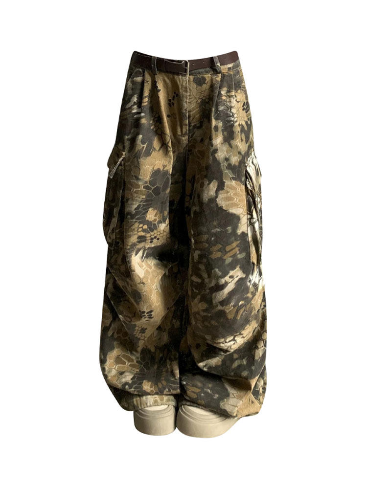 여성을위한 대형 미국 복고풍 위장 뱀 패턴 멀티 포켓 작업 청바지 2024 새로운 느슨한 넓은 다리 바닥 청소 바지